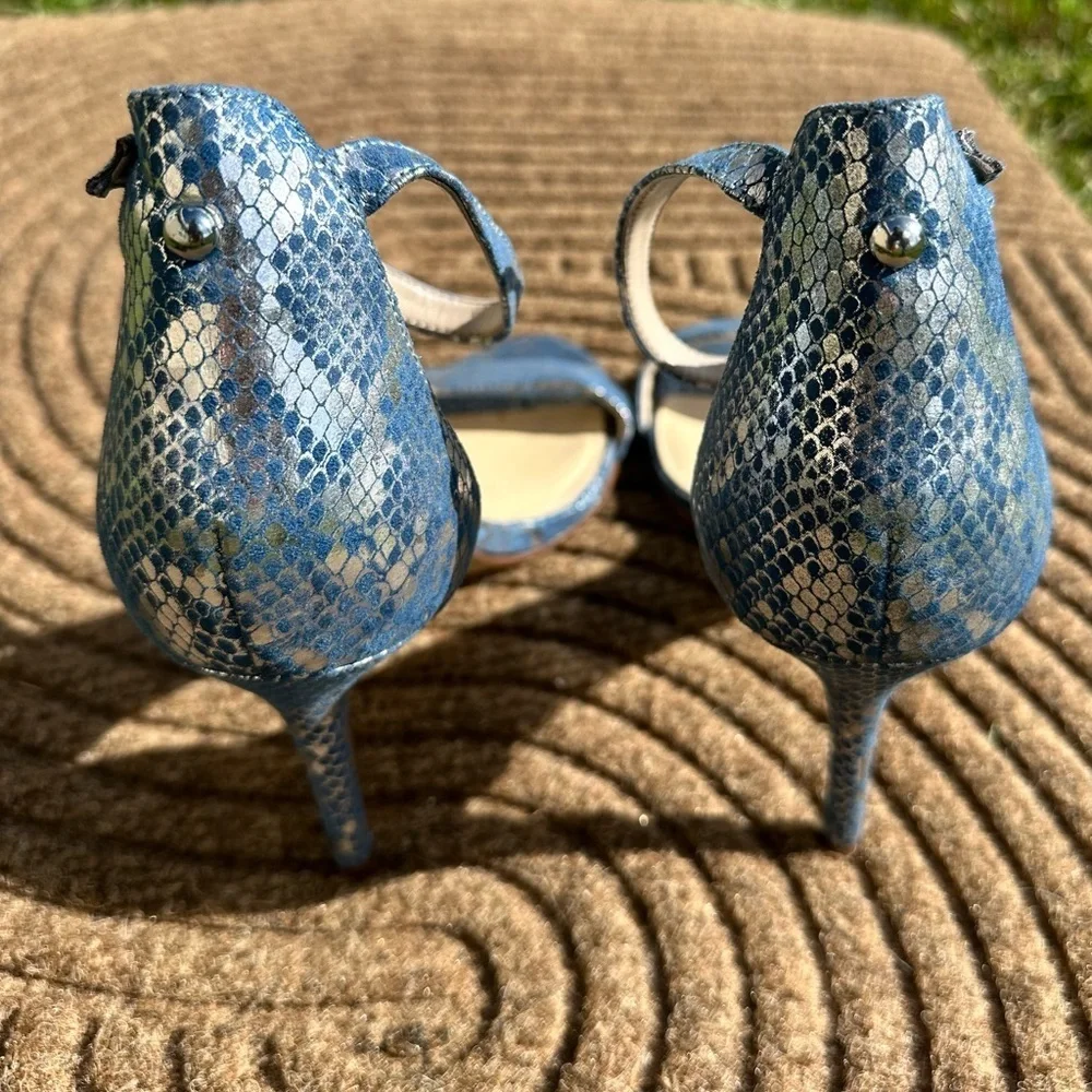 Nine‎ West Blue Snakeskin Ankle Strap Heels Festival Mermaid Size 9.5 Party Wear